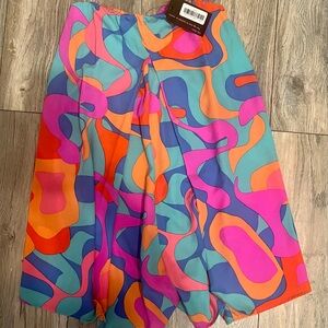 Bold Abstract Circle Skater romper in Teal, Pink & Orange